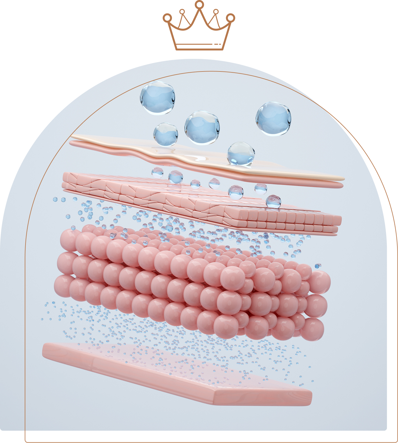Abstract layered structure with bubbles and spheres.