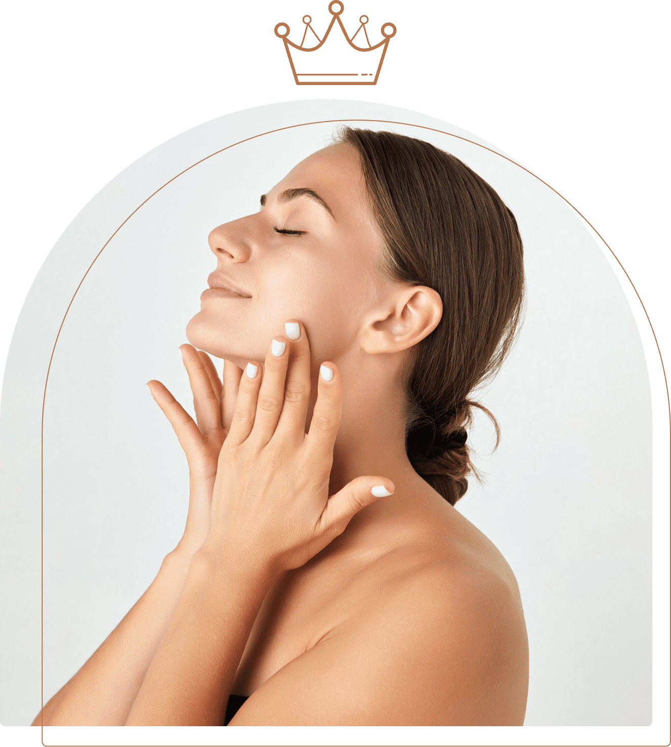 Woman with serene expression touching her face.
