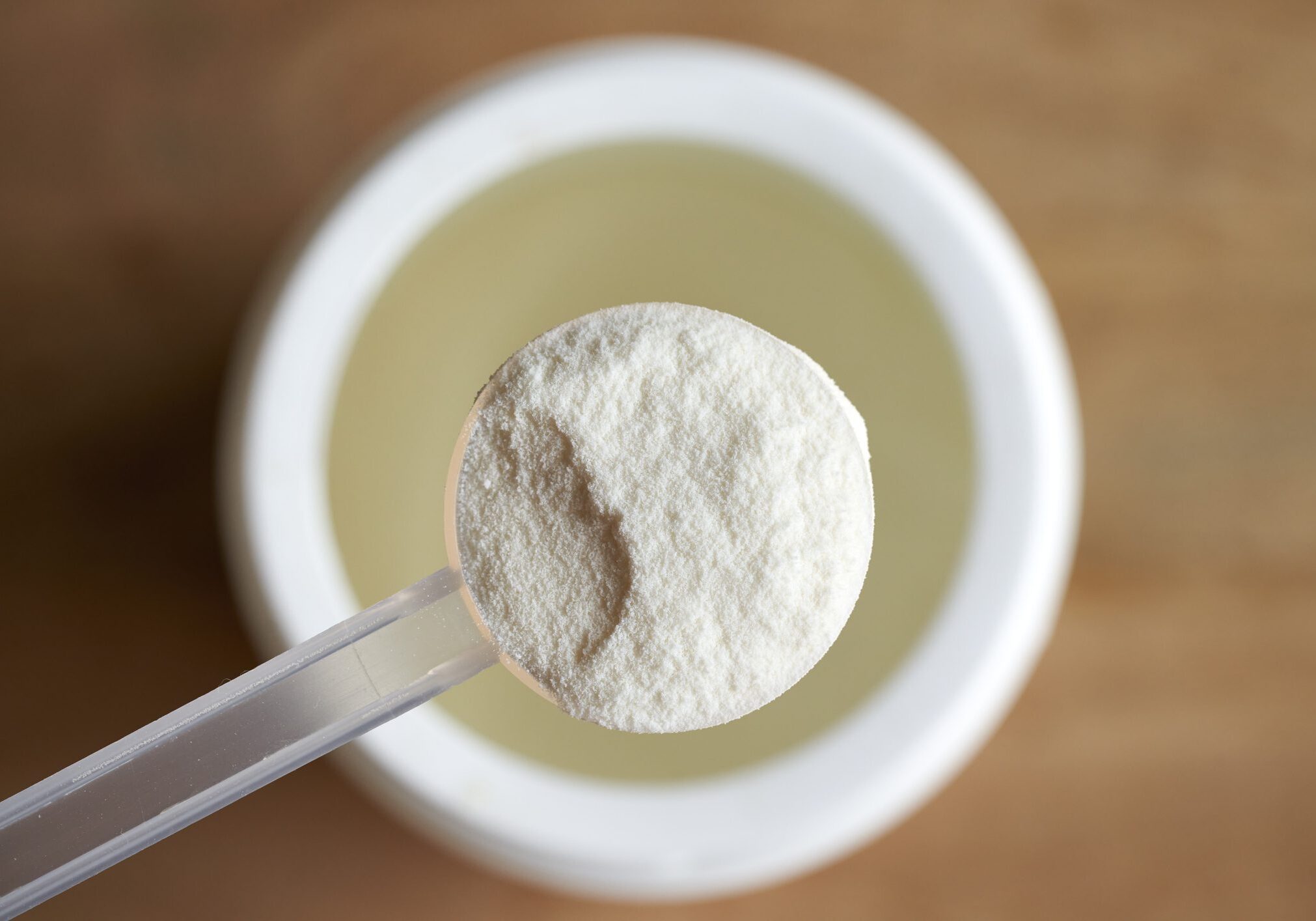Scoop of protein powder over container.